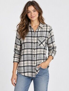 Roots Women’s Plaid Button-Down Shirt Black Gray White Size SP Preppy